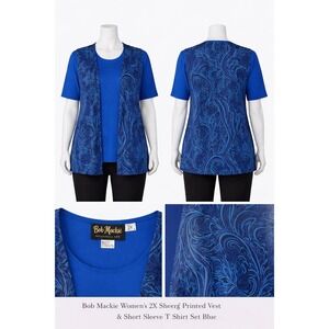 Bob Mackie Womens 2 Piece Set Printed Sheer Vest and Solid Scoop Neck Tee Blue